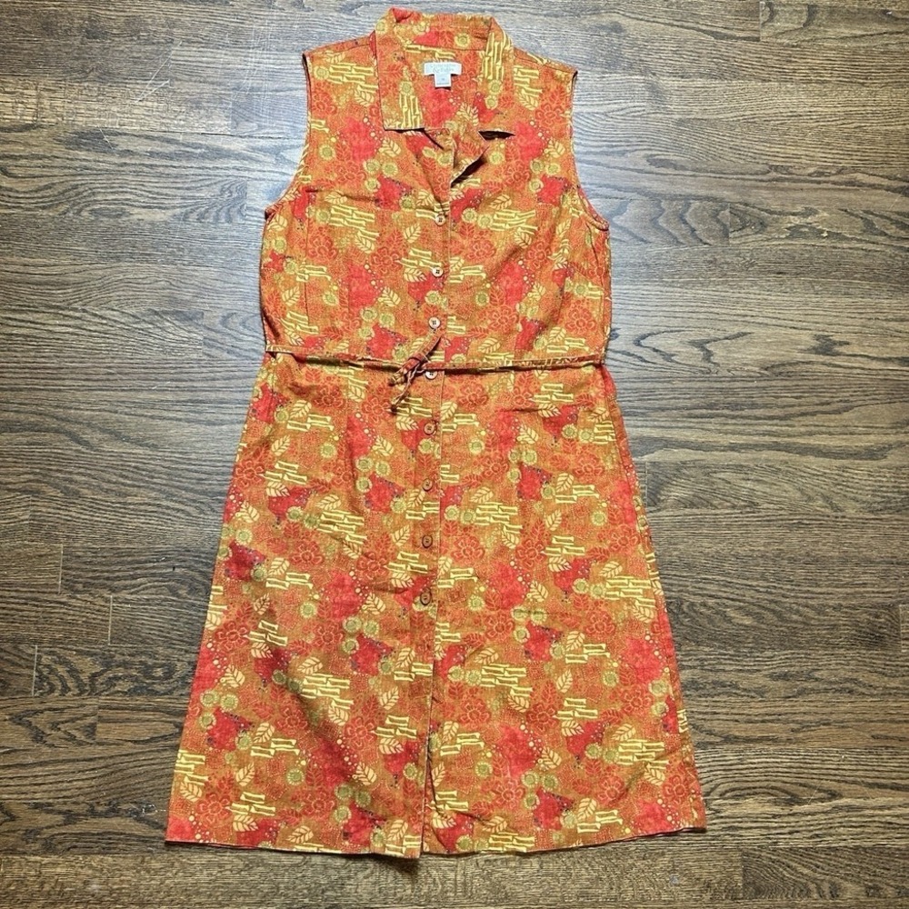 Christopher Banks Dress Womens 10 Rust Floral Button Up Sleeveless Belted Casual